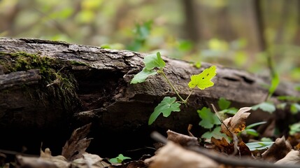 Obraz premium Fresh green leaves growing on an ancient fallen tree trunk surrounded by soft earthy tones in a peaceful woodland setting : Generative AI