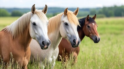 Fototapeta premium Three Majestic Horses Grazing in a Lush Green Field Under a Bright Sky : Generative AI