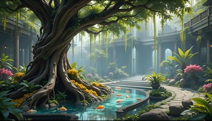 A paradise garden that is so beautiful and amazing, a tree with a large trunk above and fruit growing on the lower trunk near the floor, a glass mat with a river flowing. Ai generated image