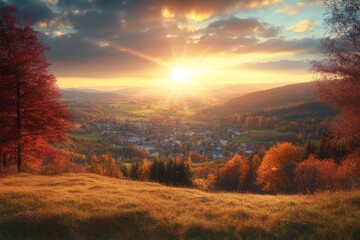 Naklejka premium Autumn sunset over valley town