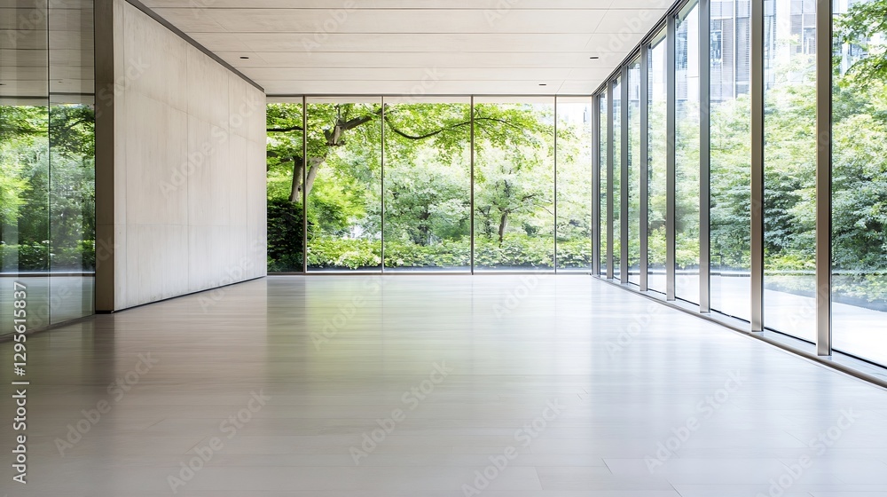 Poster modern elegant interior space with large glass windows displaying lush greenery outside creating a s