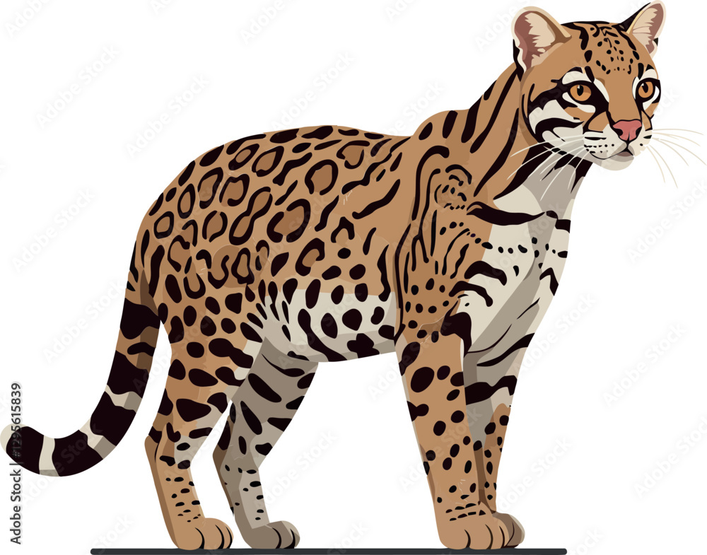 Poster ocelot standing gracefully with distinct coat patterns in a flat and colorful design style showcasin