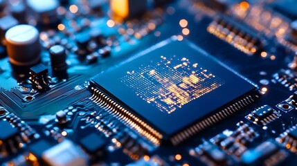 Fototapeta premium Close Up of a Computer Microchip with High Detail and Technology Circuitry Background : Generative AI