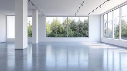 Obraz premium Modern bright interior space with large windows offering scenic views of lush greenery outside : Generative AI