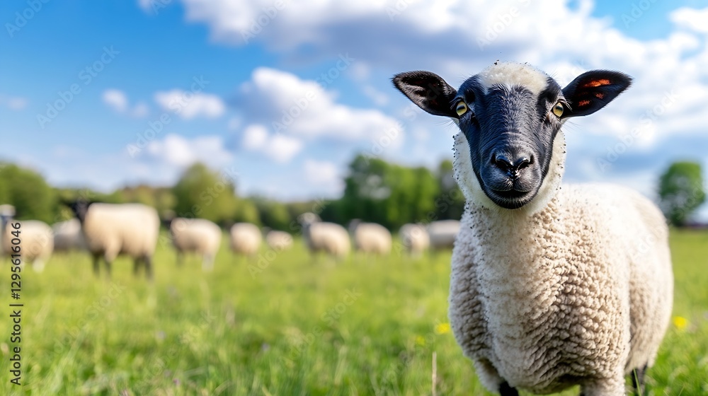 Poster curious sheep standing in vibrant green pasture with flock in background under blue sky : generative