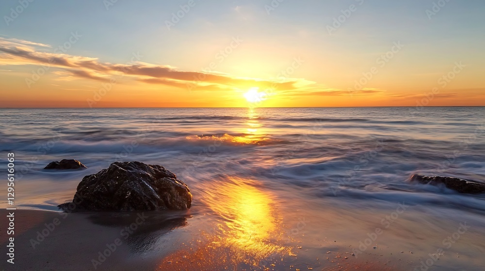Poster Enchanting sunset reflecting on ocean waves with rocks on a beach creating an artistic coastal scene : Generative AI