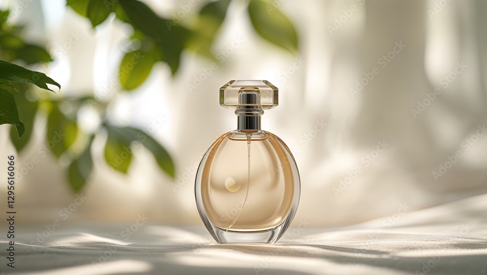 Poster elegant perfume bottle resting on soft fabric with gentle light and greenery in the background creat