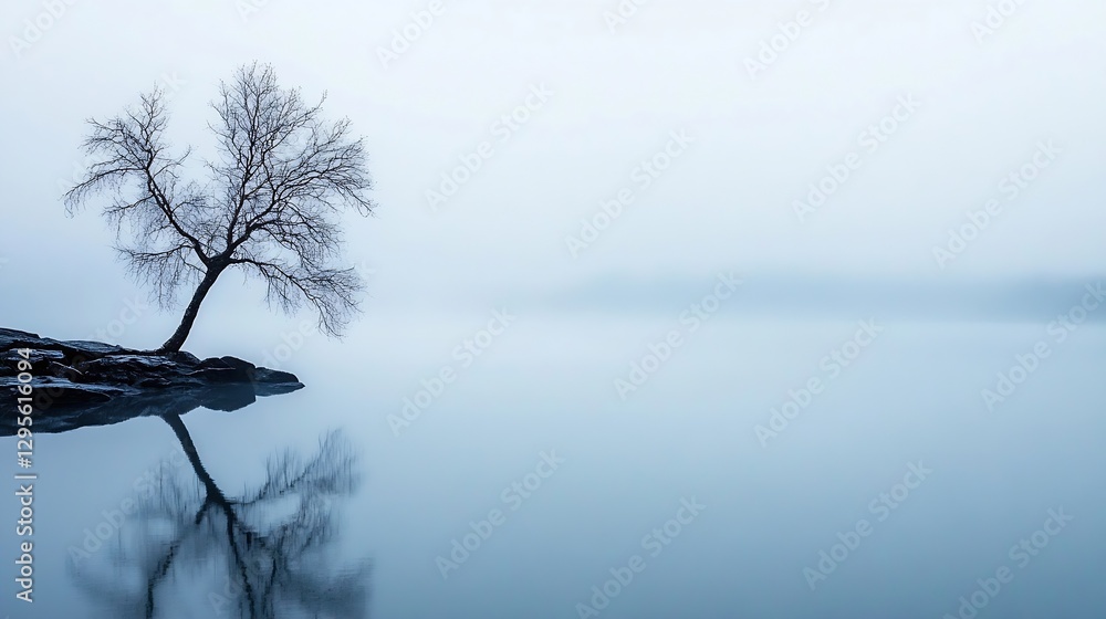 Poster a hauntingly beautiful scenery of a solitary tree standing in foggy waters reflecting stillness and 