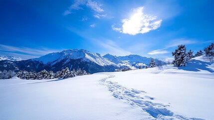 Obraz premium Breathtaking Snow-Covered Mountain Landscape with a Clear Blue Sky and Sunshine : Generative AI