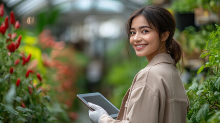 Fototapeta premium Indonesian agricultural scientist woman holding tablet working in chile plant modern greenhouse