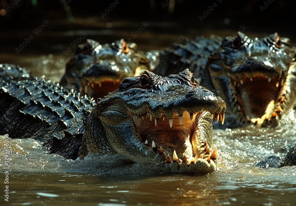 Poster close-up view of aggressive alligators in murky water displaying sharp teeth and powerful jaws in a 