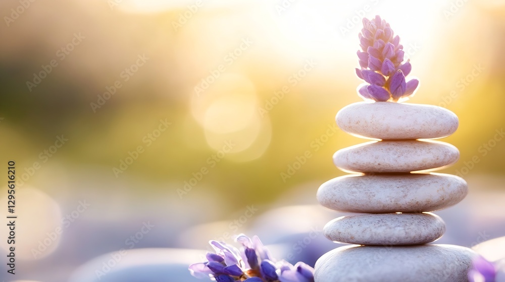 Poster serenity and tranquility with stacked stones and lavender flowers against a bright background : gene
