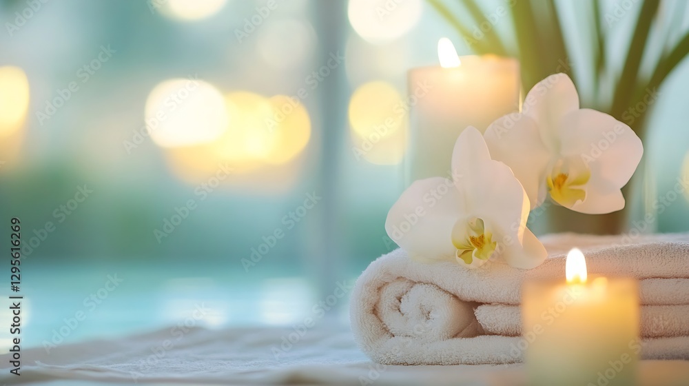 Aufkleber relaxing spa setup with soft towels, candles, and elegant orchids for a tranquil ambiance : generati