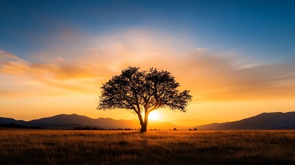 Obraz premium Majestic solitary tree silhouetted against a vibrant sunset over rolling hills and open fields : Generative AI