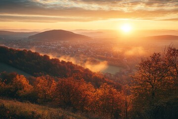 Autumn Sunrise Over Mountain Town