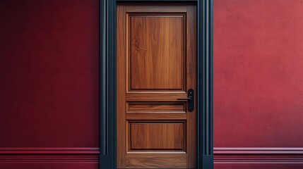 Walnut door with black handle on burgundy wall in modern interior design