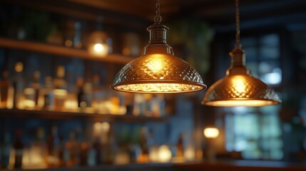Warm bistro lights over a bar, blurred background