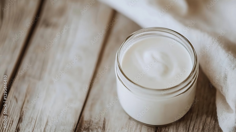 Aufkleber Creamy yogurt in a jar resting on rustic wooden surface highlighting its smooth texture and simple charm : Generative AI