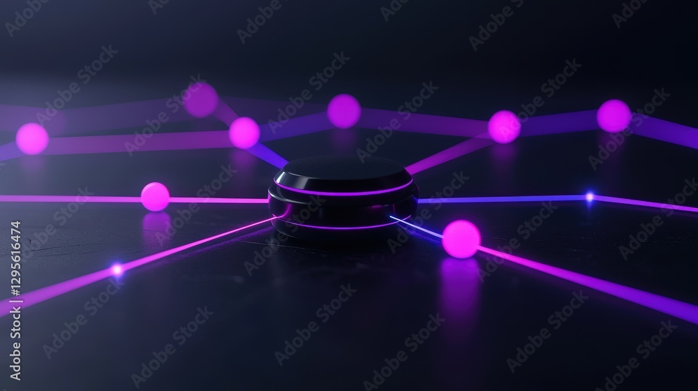 Poster platform with glowing lines linking spheres on dark surface, abstract network
