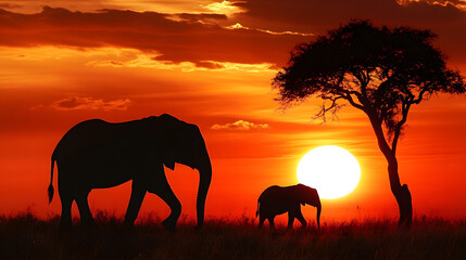 Fototapeta premium Sunset on Safari some elephants are walking on the African savanna.
