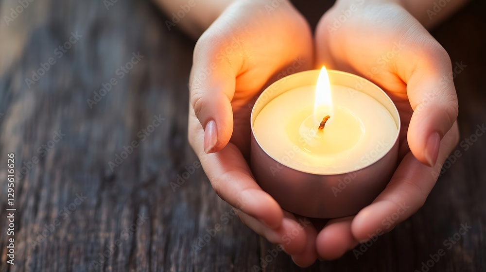Aufkleber Hands Cradling a Lit Candle in a Serene Setting for a Relaxing Ambiance : Generative AI