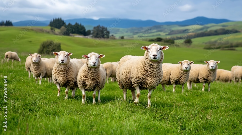 Poster A Group of Sheep Grazing on Lush Green Grass with Rolling Hills in the Background : Generative AI