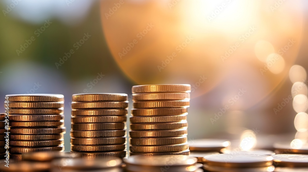 Aufkleber stacks of shiny coins illuminated by sunlight creating a warm financial atmosphere invoking prosperi