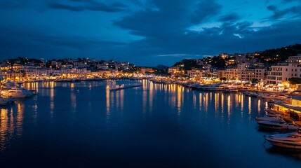 Fototapeta premium Coastal Town Illuminated at Night with Boats Docked by The Waterfront : Generative AI