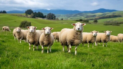 Obraz premium A Group of Sheep Grazing on Lush Green Grass with Rolling Hills in the Background : Generative AI