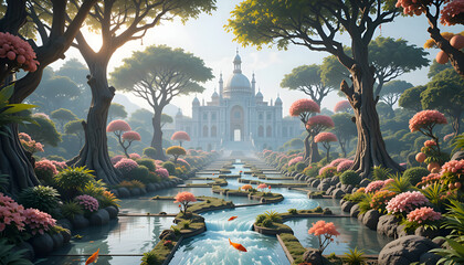 A beautiful and stunning paradise garden, distant view, trees with trunks above and fruit, glass mats with rivers flowing in them and ornamental fish. Ai generated image