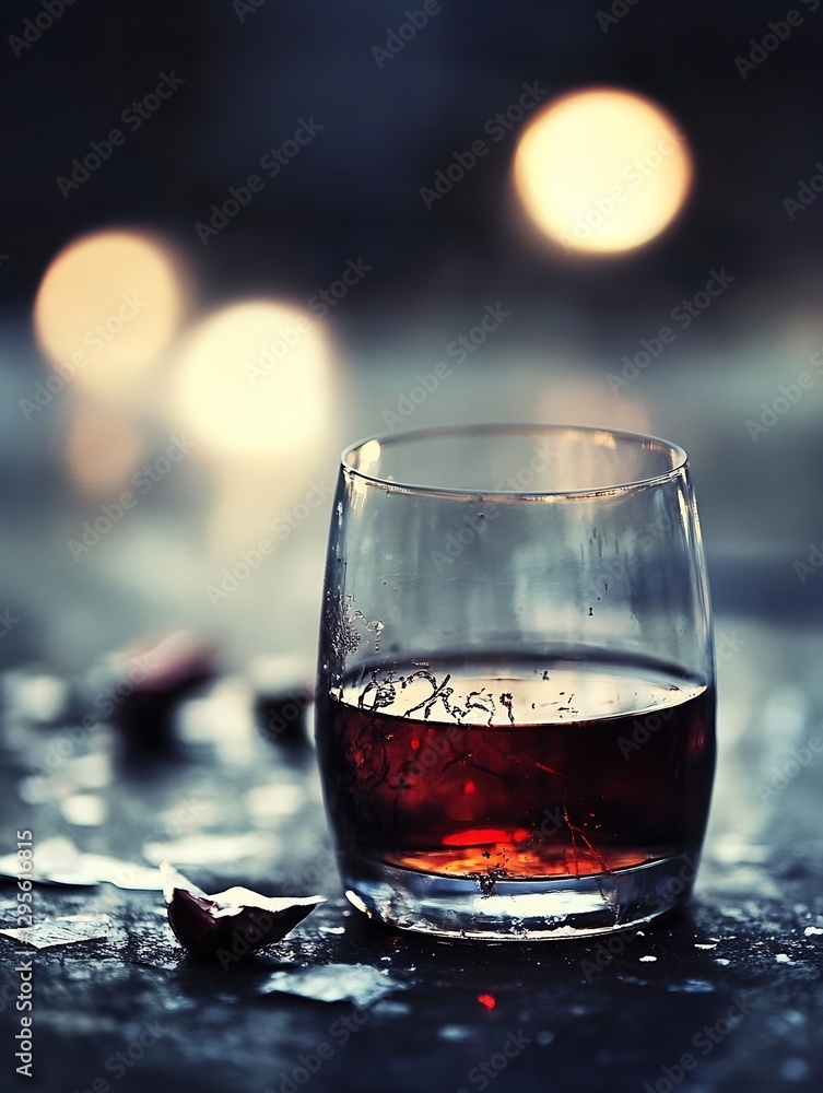 Poster elegant whiskey glass filled with rich amber liquid placed on a dark surface surrounded by soft ligh