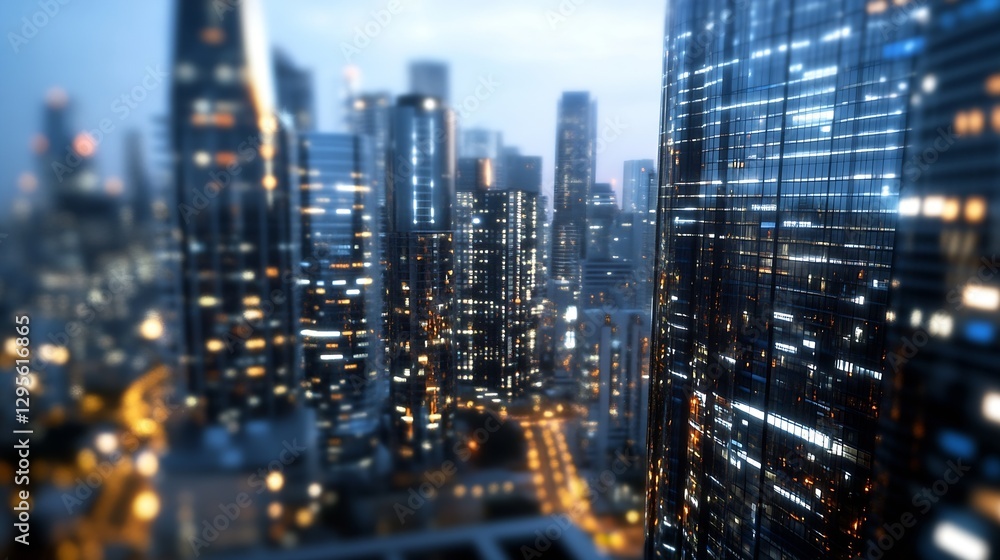 Poster blurry view of a modern city skyline at dusk with illuminated buildings : generative ai