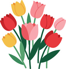 Colorful tulips arranged in a vibrant bouquet with flat design style showcasing red, yellow, and pink flowers in vector art
