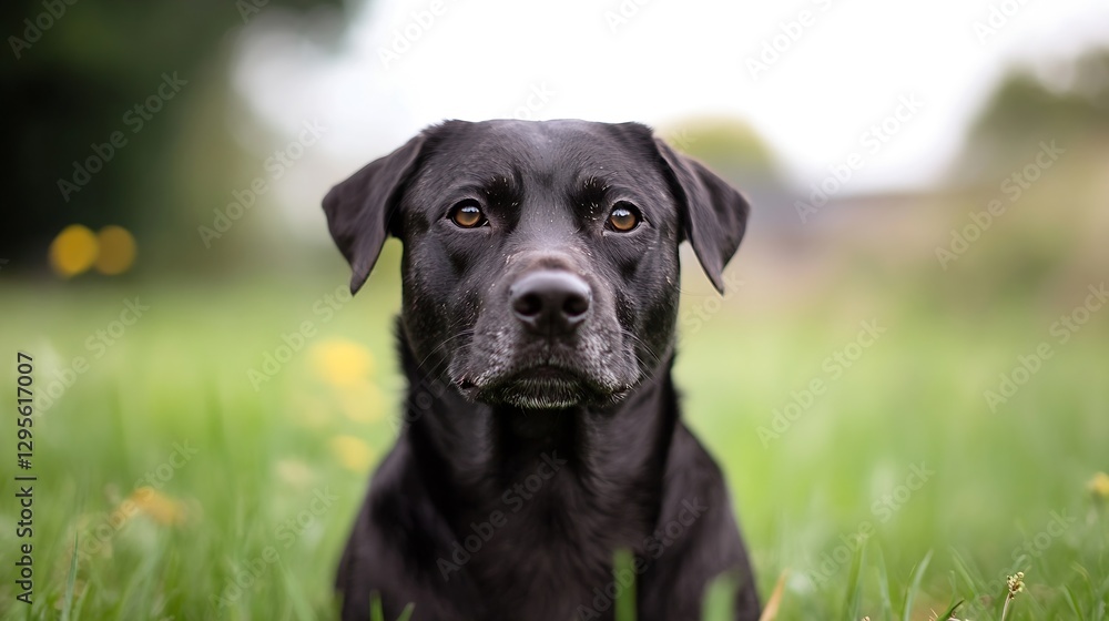 Poster close up portrait of a black labrador dog sitting in a field with blurred green background : generat