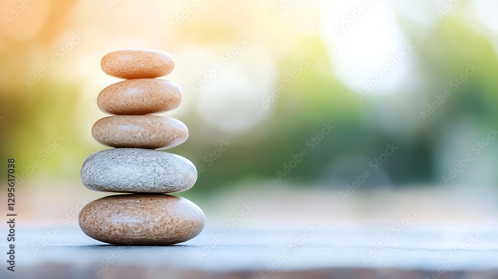 Poster Balanced stack of pebbles on a smooth surface with a blurred nature background for tranquility and peace : Generative AI