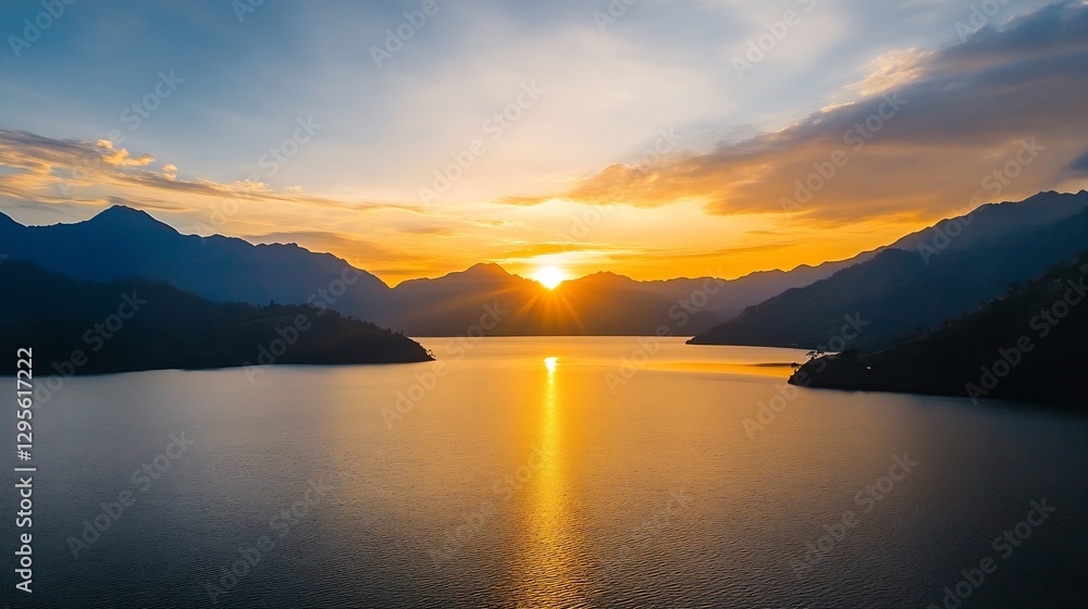Poster stunning sunset over mountains and lake creating a golden reflected horizon : generative ai