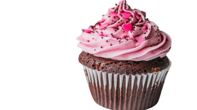Delicious chocolate cupcake decorated with pink frosting and heart-shaped sprinkles on transparent background