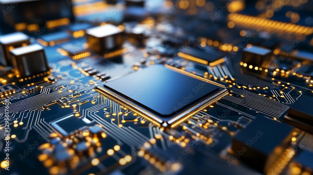 Fototapete Close-up of a Computer Chip and Circuit Board Technology with a Shiny Surface : Generative AI