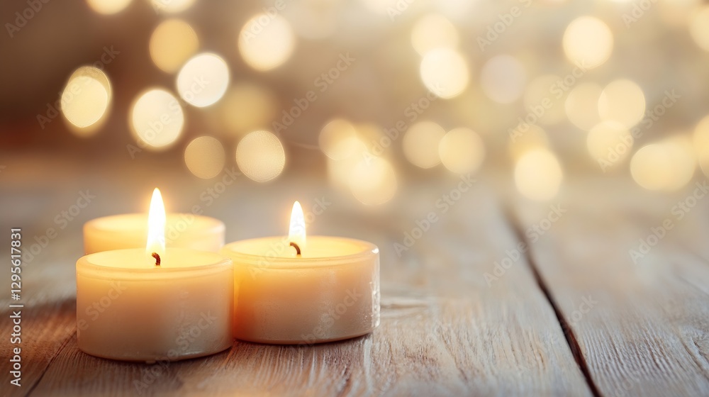 Poster tranquil scene of lit candles on wooden table in warm ambient light : generative ai