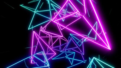 Dynamic neon triangles in vivid colors move energetically against a black background, creating a vibrant and engaging visual display that captivates the viewer's attention.
