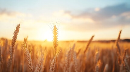 Naklejka premium Golden wheat field illuminated by the soft light of a setting sun showcasing nature's bounty : Generative AI