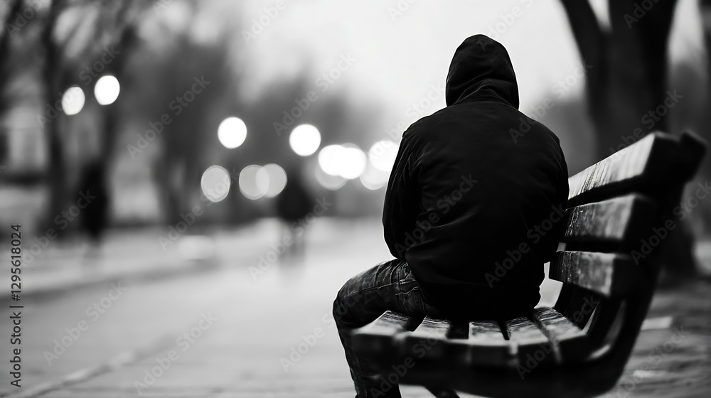 Poster moody black and white image of person sitting alone on park bench : generative ai