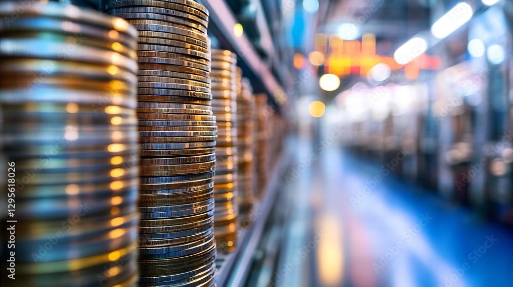 Poster blurred background with stacked coins indicating financial growth and wealth : generative ai