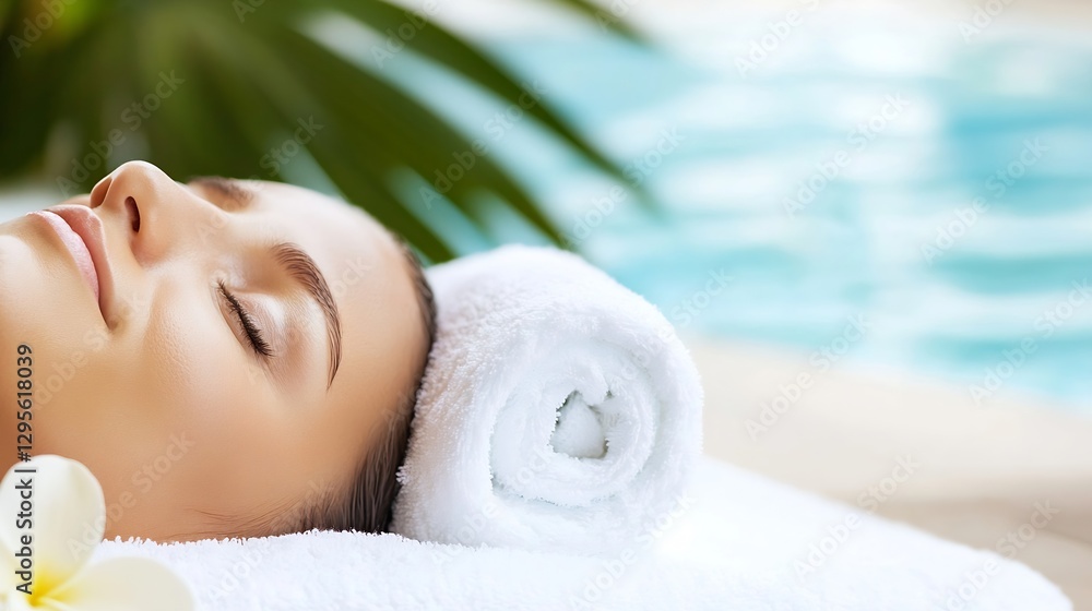 Aufkleber relaxing spa treatment with a calm woman enjoying a massage by the poolside in a tranquil setting : 
