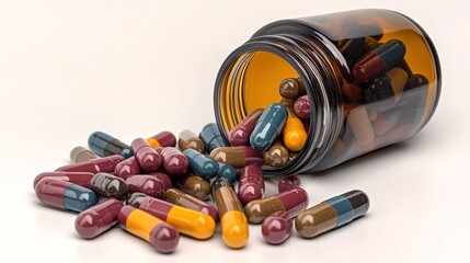 Vibrant multivitamin capsules spilling from an open jar on a clean white background