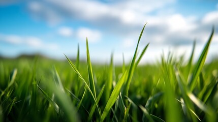 Close up view of vibrant green grass blades under a blue sky creating a refreshing and natural outdoor scene : Generative AI