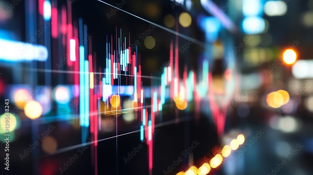 Aufkleber dynamic stock market graph displaying vibrant price movements under city lights : generative ai