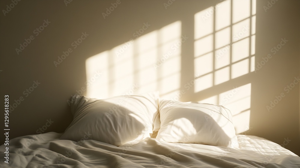 Poster Serene bedroom scene with pillows bathed in soft shadows from window light creating tranquil atmosphere : Generative AI