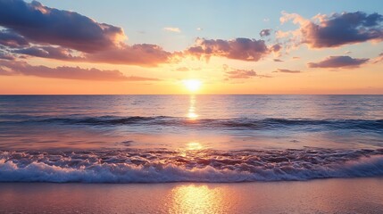 Fototapeta premium Breathtaking sunset over the ocean with golden rays reflecting on the water and clouds scattered across the sky : Generative AI
