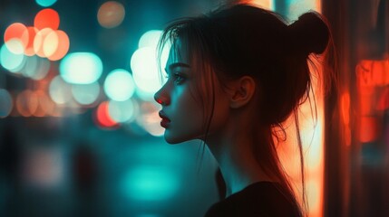 Fototapeta premium Young Woman at Night in a City with Colorful Lights